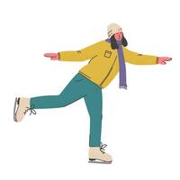 Smiling woman in warm clothes ice skating. Person skating on rank. Winter activity and active rest. vector