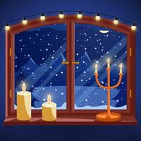 Window with winter view at night. Candles, candle holder and light garland on windowsill, snowy forest landscape with spruce trees, vector