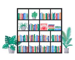 Bookcase with book collection on shelves. Stacks of colourful books. Interior with home plants. vector