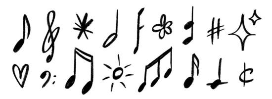 Hand drawn music notes and symbols set. Chalk doodle musical signs collection. Charcoal brush scribble music elements, sun, heart, star bundle. Crayon textured sketch music keys and clefs pack. vector