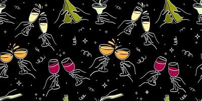 Seamless pattern with colorful wine glasses, champagne bottles, cocktails, and hands toasting, drawn in minimalist line art, ideal for party decor, packaging, festive designs.Clinking Glasses vector