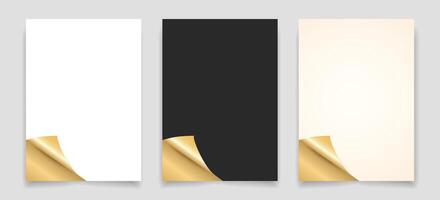 Realistic paper templates set with curled golden corners in white, black, and beige set, perfect for luxury branding, invitations, packaging design, product mockups, and business stationery. vector