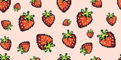 Seamless pixel art pattern of strawberries with green leaves on a soft background in a retro 8 bit style,ideal for wallpapers, mobile app backgrounds, kids' products, textile prints, packaging. vector