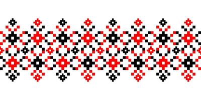 Ukrainian Pixel Folk Pattern in Red and Black.Traditional border pattern inspired by Ukrainian and Slavic embroidery, textile design, digital prints, cultural branding, ethnic packaging. vector