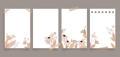 Minimal Autumn Floral Note Paper Templates set with torn tape effects, ideal for printable stationery, journaling, planners, digital scrapbooking, invitations, and note taking apps. illustration vector