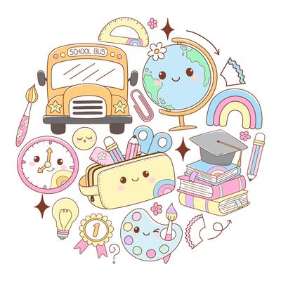 Back to School, Teacher Elements Doodle Cartoon Style Hand Drawn