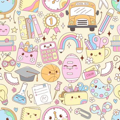 Back to School, Teacher Elements Seamless Pattern Isolated Hand Drawn Design for Fabric Digital paper