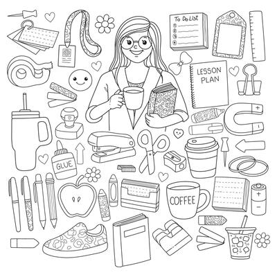 Cute Back to school Elements Doodle Cartoon Style Hand Drawn Outline