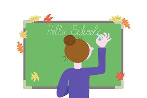 Woman, teacher writes on school board with chalk. Text, calligraphy inscription with chalk on the board. Chalkboard. Hello school, phrase. Autumn leaves. flat illustration, background isolated. vector