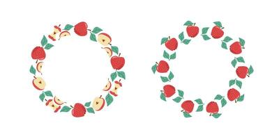 Apples, whole and halves fruit. Banner, set round frame. Doodle, colorful icons, illustration for menu design, bar, cafe, recipes, restaurant. Place for text. Illustration, isolated background. vector