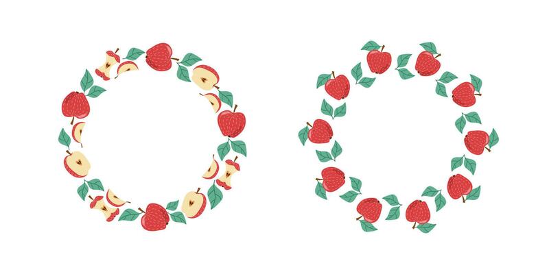 Apples, whole and halves fruit. Banner, set round frame. Doodle, colorful icons, illustration for menu design, bar, cafe, recipes, restaurant. Place for text. Illustration, isolated background.