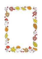 Frame, banner vertical, rectangular, autumn leaves, fly agarics, mushrooms, berries. Natural background with flying leaves. Place for text, postcard, invitation. Harvest festival. Leaf fall. Doodle. vector