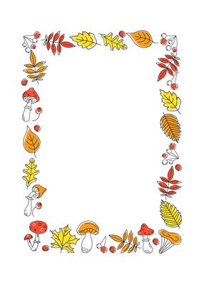 Frame, banner vertical, rectangular, autumn leaves, fly agarics, mushrooms, berries. Natural background with flying leaves. Place for text, postcard, invitation. Harvest festival. Leaf fall. Doodle.