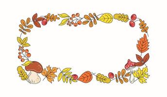 Autumn set. Rectangular frame, plant border. Leaves, mushrooms, berries. Leaf fall. Fly agaric, doodles, drawings, sketch. Natural botanical illustration. White isolated background. vector