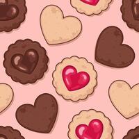 Heart-shaped biscuits pattern, background. Cookies in a shape of a heart, cute kawaii cartoon style illustration vector