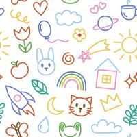 Kids, children doodles, drawings, scribbles pattern, seamless background. Set of hand-drawn illustrations vector