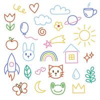 Kids, children doodles, drawings, scribbles. Set of hand-drawn illustrations vector