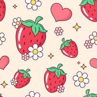 Strawberry, heart and flowers seamless pattern, background. Simple cute cartoon style drawing vector
