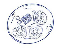 Hand draw scallop, oysters on the plate with lemon illustration. Mediterranean seafood doodle icon. La dolce vita. Asian food market vector