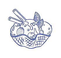 Hand draw ice cream in waffle with lemon and berry illustration. Vintage sundae, frozen dessert in doodle style isolated vector