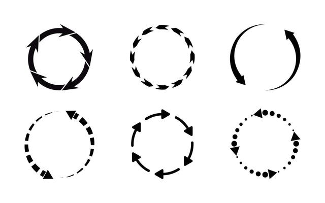Different circular arrows of black color. Arrow clock wise rotating symbol. Arrow sign illustration