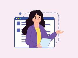 Flat character of a professional woman in a blazer and heels giving a presentation with an background web and paper vector