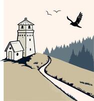 Vintage Woodcut Style Landscape Background Retro. Lighthouse and small cabin on a hill in a minimal forest landscape vector