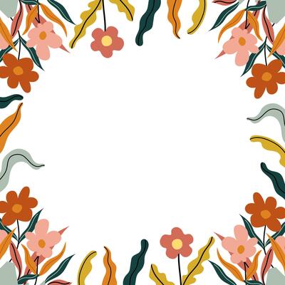 Floral frame with abstract flowers and leaves. Botanical background for invitations, banners, cards, and seasonal design. Flat illustration in modern minimalistic style.