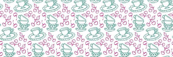 Whimsical seamless pattern with tea cups, cherries, and plates. Vintage Tea Time with Cherries. Ideal for packaging, fabric, stationery, and branding. Hand drawn illustration in doodle style. vector