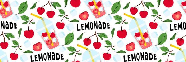 Lemonade seamless pattern with Fresh cherries on white background. Bright summer background for cafe menus. Take away summer drink. Berries, leaves, ice cubes. Food and drink. flat illustration vector
