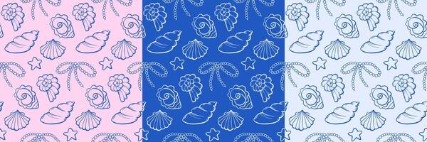 Elegant hand drawn Seashell and Pearls bow Seamless Pattern Set. Nautical Background. Great for packaging, textile, stationery, and summer product. doodle style, three color options. vector