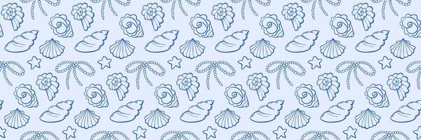 Seamless sea shell pattern in doodle style on blue background. Perfect for fabrics, wrapping, beach themes. Marine flat in sketch hand-drawn style. vector