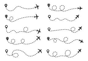 Airplane line paths icon set. Airplane with dotted line route. air plane flight route with start point and dash dotted line trace. race point to finish isolated on white background. vector