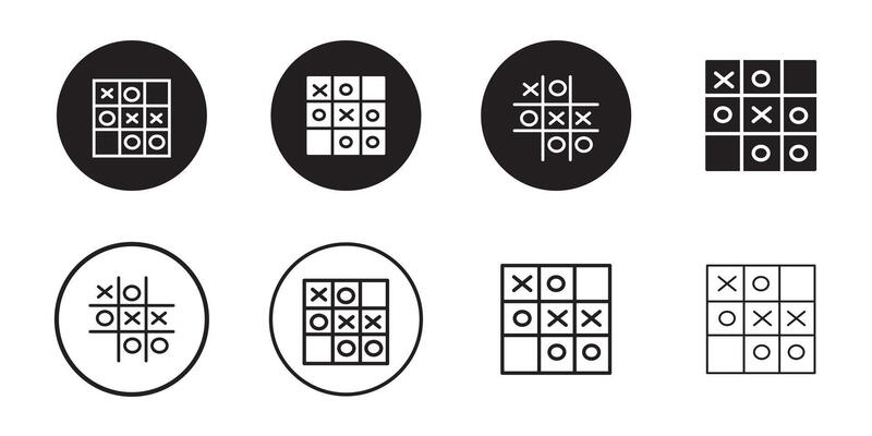 Tic tac toe icon sign set. Cross and tick kids game in black, O X game symbol. Simple thin line flat symbol, illustration