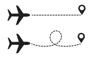 Airplane line paths icon set. air plane flight route with start point and dash dotted line trace. race point to finish isolated on white background. vector