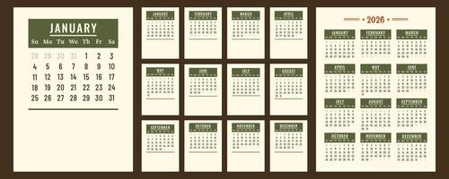 Calendar 2026. Vertical retro Calendar daily planner. Business layout for print. Pages template for business, printable wall, monthly, desktop calendar. Week starts on Sunday. flat illustration vector