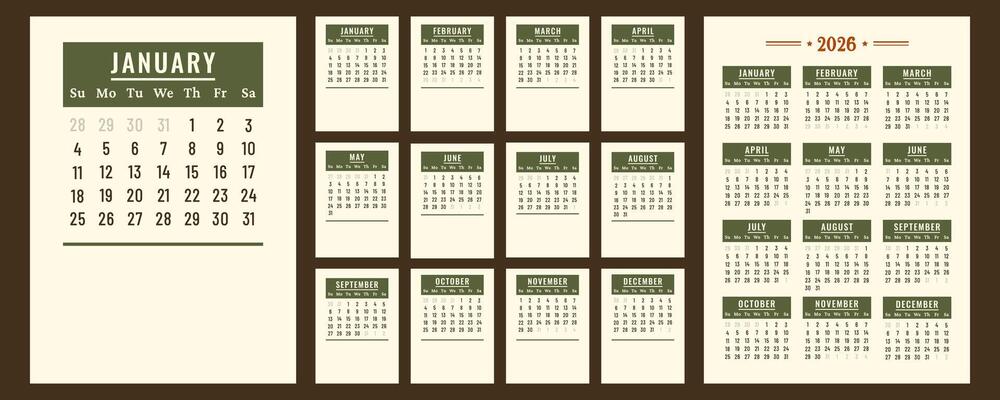 Calendar 2026. Vertical retro Calendar daily planner. Business layout for print. Pages template for business, printable wall, monthly, desktop calendar. Week starts on Sunday. flat illustration