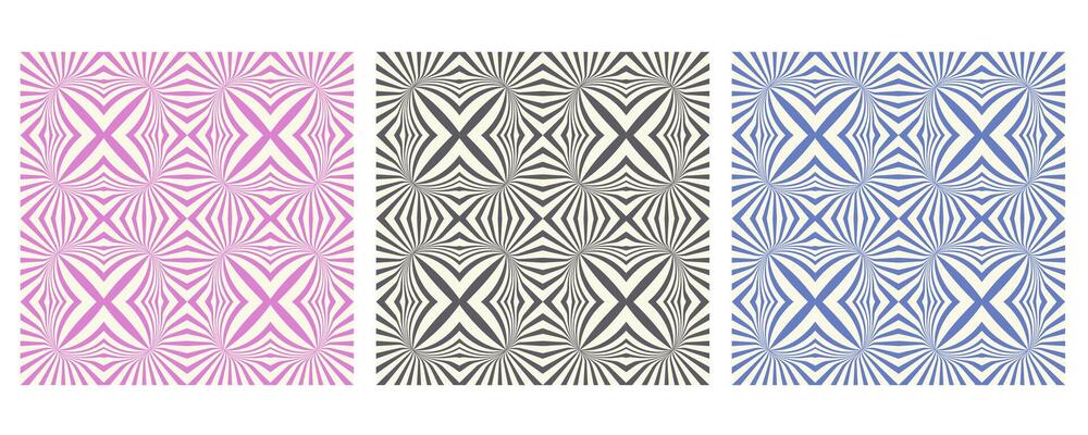 Set of Psychedelic seamless patterns with twisted lines. Groovy background. Retro design. Abstract Distorted texture. flat illustration