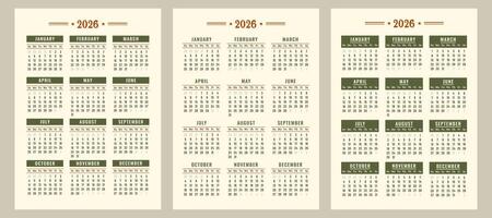 Calendar 2026 set. Vintage daily planner template with minimalist design. Monthly pages for wall print, desktop, business. Printable stationery. Week starts on Sunday. flat illustration vector