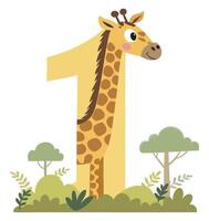Illustrated Giraffe Character with Playful Expression and Number One vector