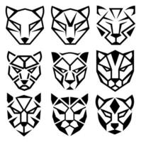 Set of black geometric panther head icons, abstract animal face logos in polygonal style vector
