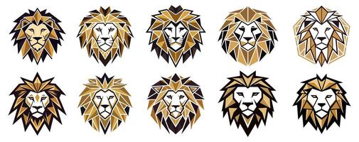 Set of geometric lion head logos with gold and black color scheme vector