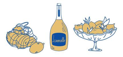Limoncello bottle with lemons. Hand draw sketch italian lemon drink. vector