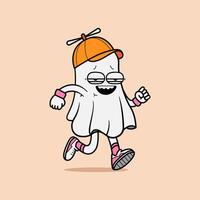 Funny Cartoon Ghost Running, Retro Character in Cap and Sneakers vector