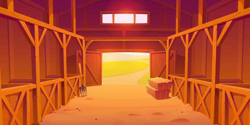 Wooden farm stable barn interior with sand floor