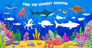 Find correct shadow game, underwater sea animals vector
