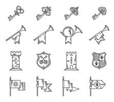 Heraldry line icons, horns, castle keys and flags vector