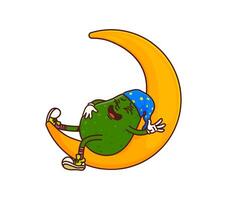 Cartoon groovy avocado sleeping on moon crescent vector
