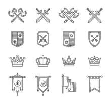 Heraldry line icons, crowns and weapon on shields vector