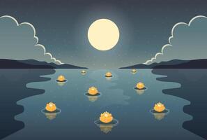 Peaceful River Scene at Night with Lanterns and Moon . vector